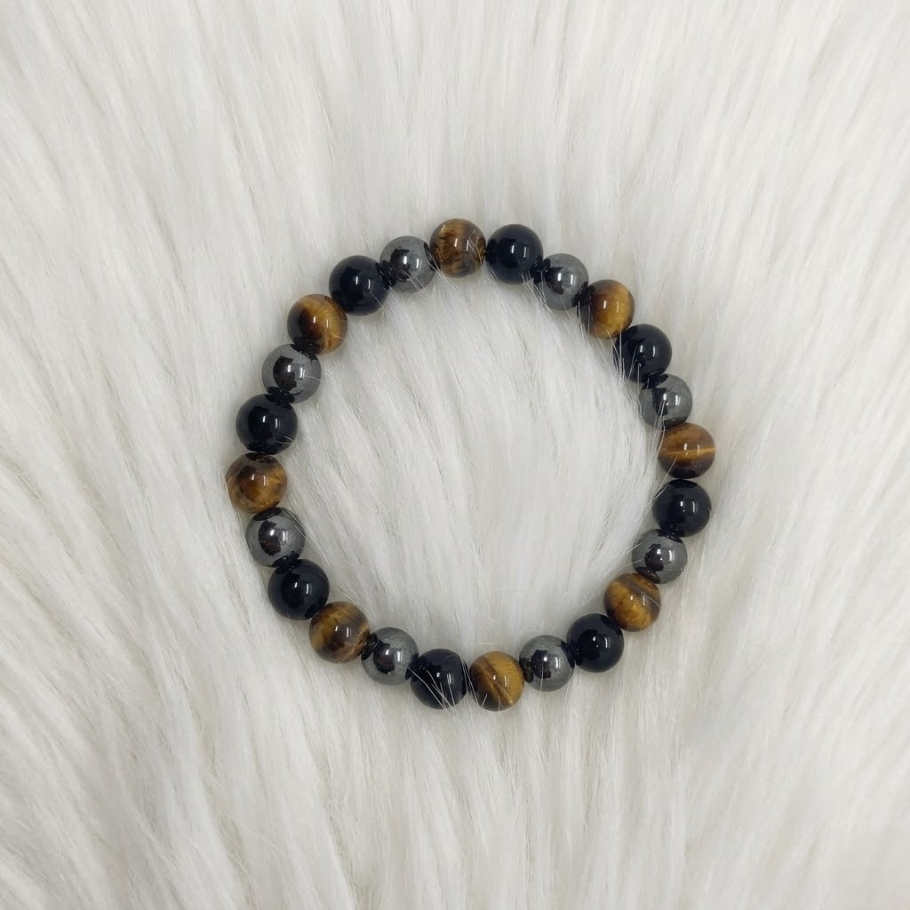 Triple Protection Bracelet with Tiger Eye, Hematite & Black Onyx | Stretch Beads