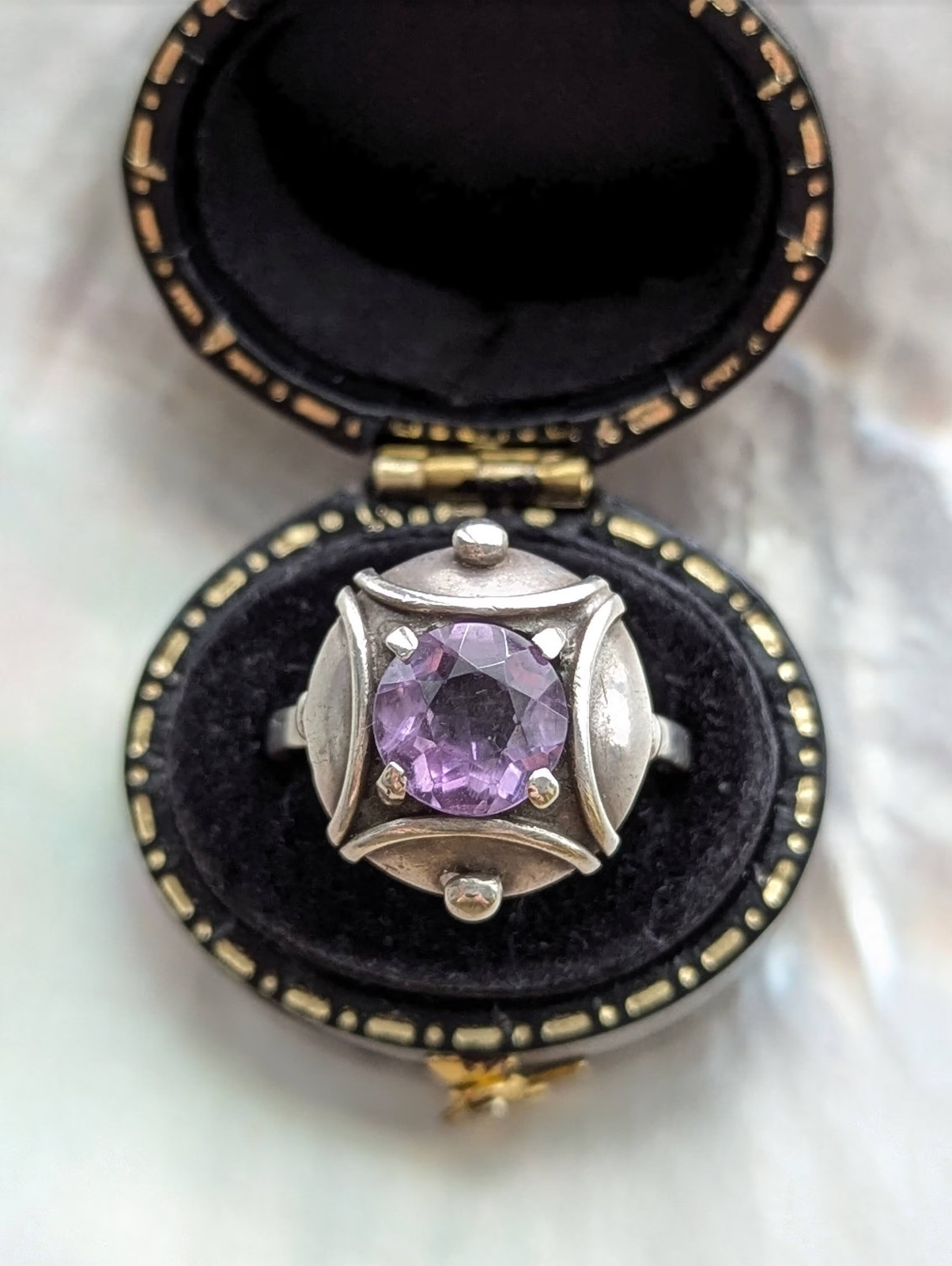 Vintage Amethyst & 835 Silver Ring-Unusual Setting-Lavender Gemstone
