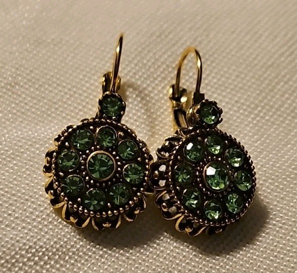 Vintage Inspired Golden Bohemian Style Drop Earrings with Green Colored Stones