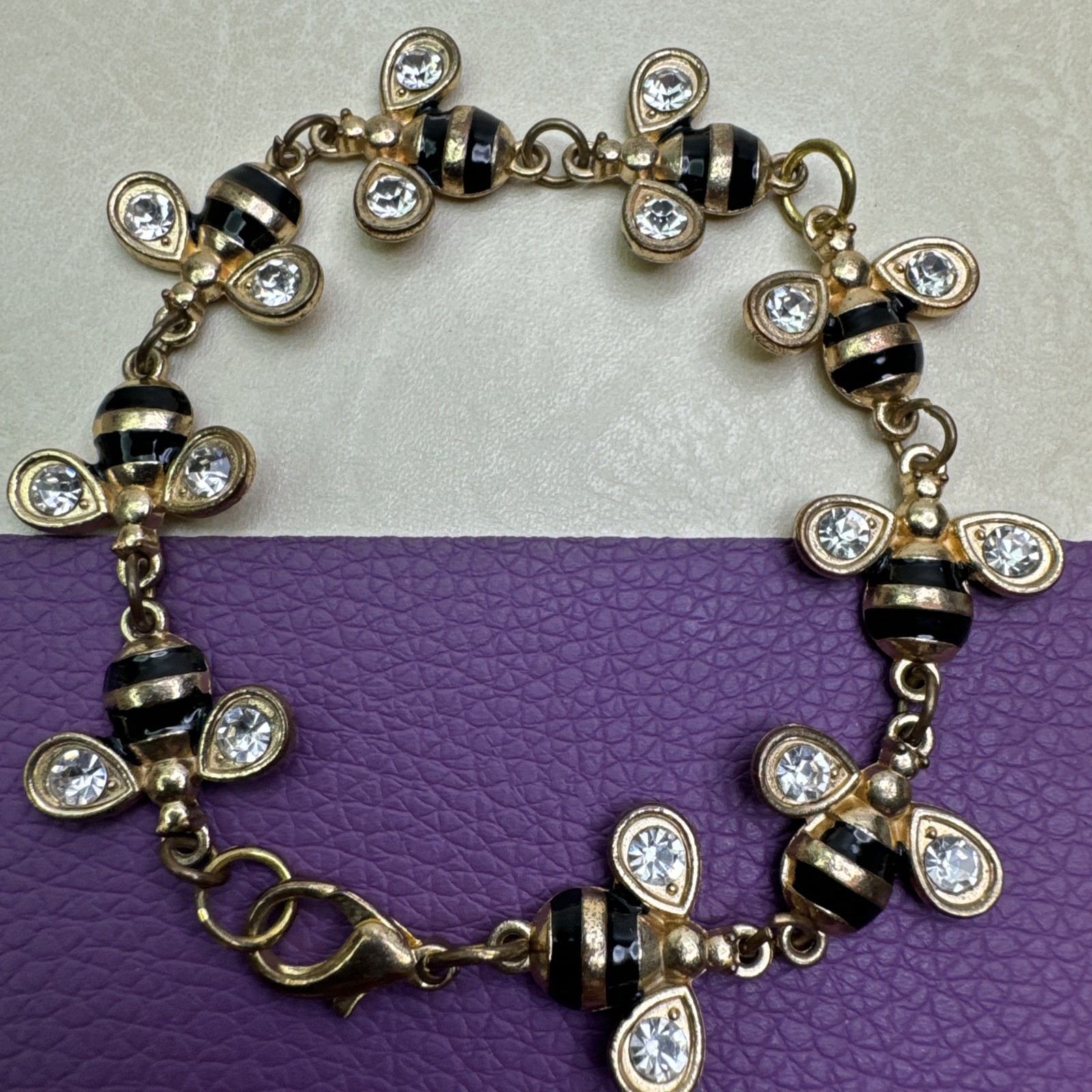 Bees Chain Bracelet Gold Tone Rhinestone Wings Black Enamel Lobster Clasp 7.5″
