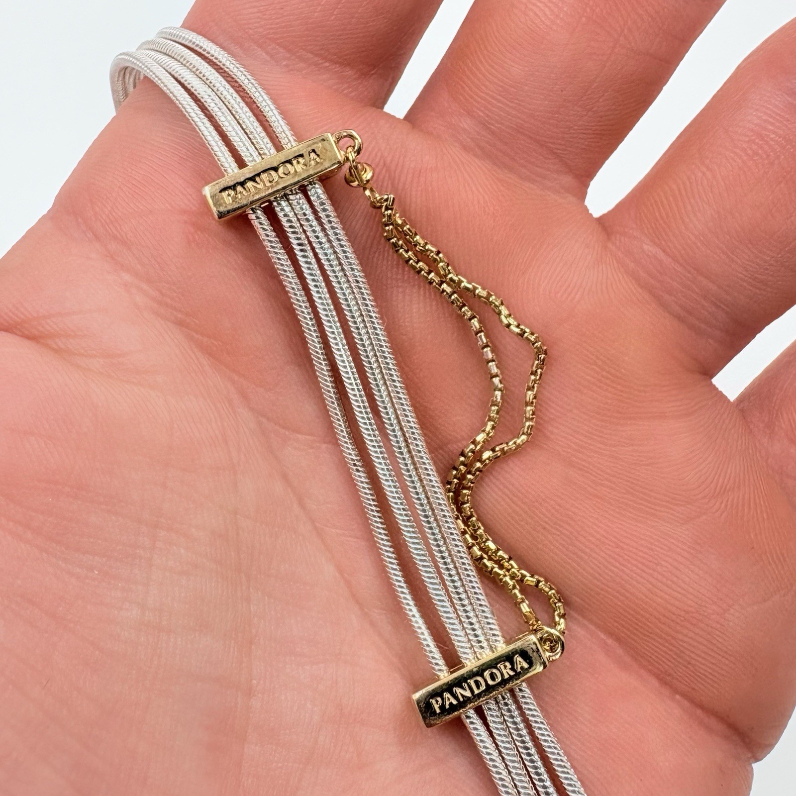 PANDORA 925 Sterling Silver & Gilded Multi-Strand Snake Chain Bracelet 6.5 Inch