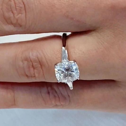 Moissanite Cushion Cut Three-Stone Women’s Engagement Ring 14K White Gold Plated