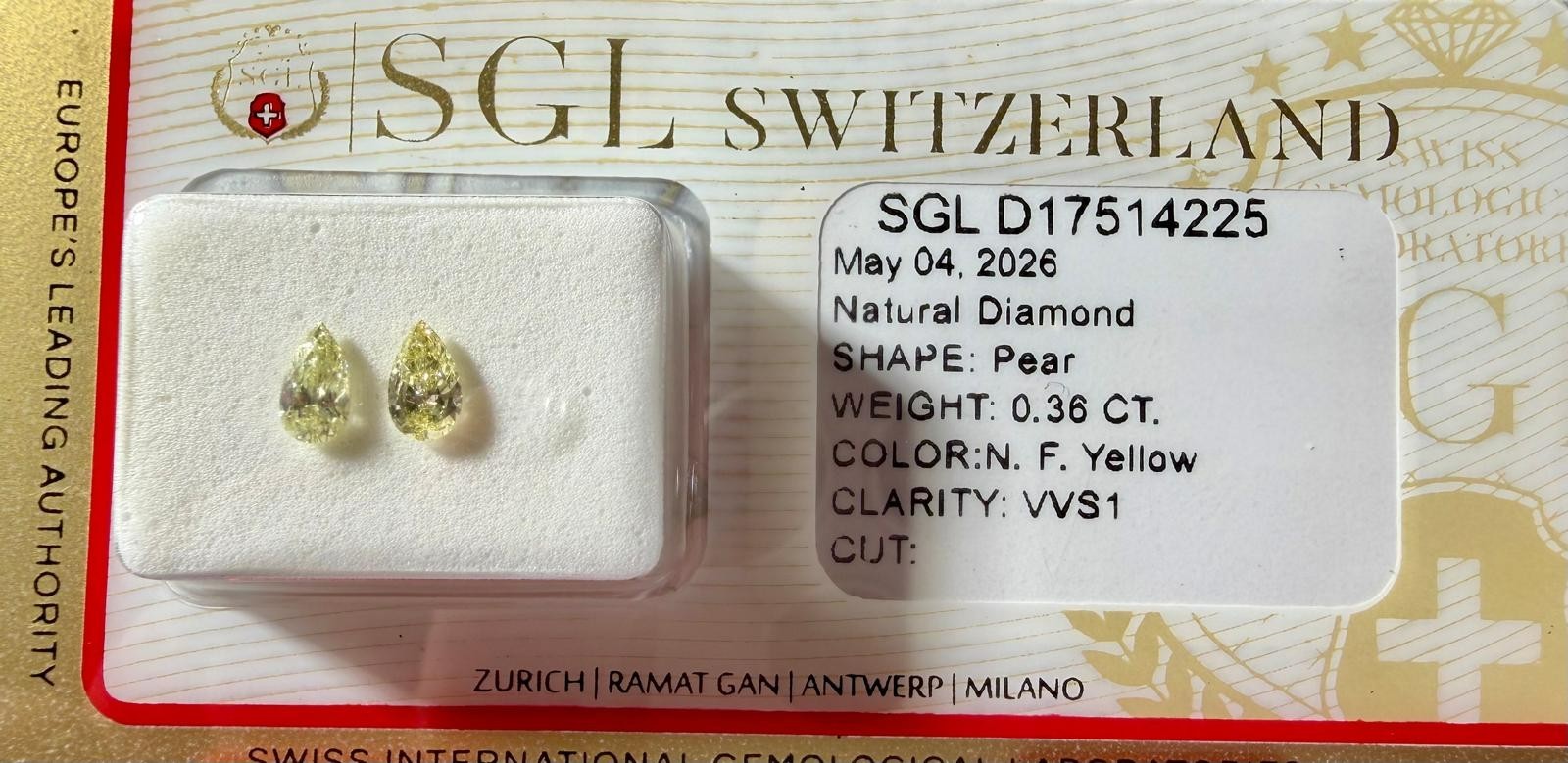 Natural Fancy Yellow Diamond Pair 0.36ct Pear VVS1 SGL Certified 5*3mm