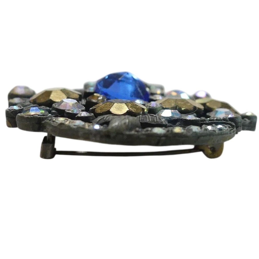 Vintage Mid Century Flower Basket Brooch with Cobalt, Aurora Borealis Rhinestone