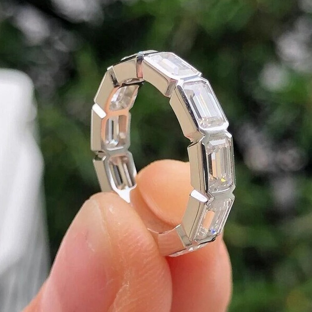 2.75CT Emerald Cut Moissanite Full Eternity Engagement Band 14kWhite Gold Plated