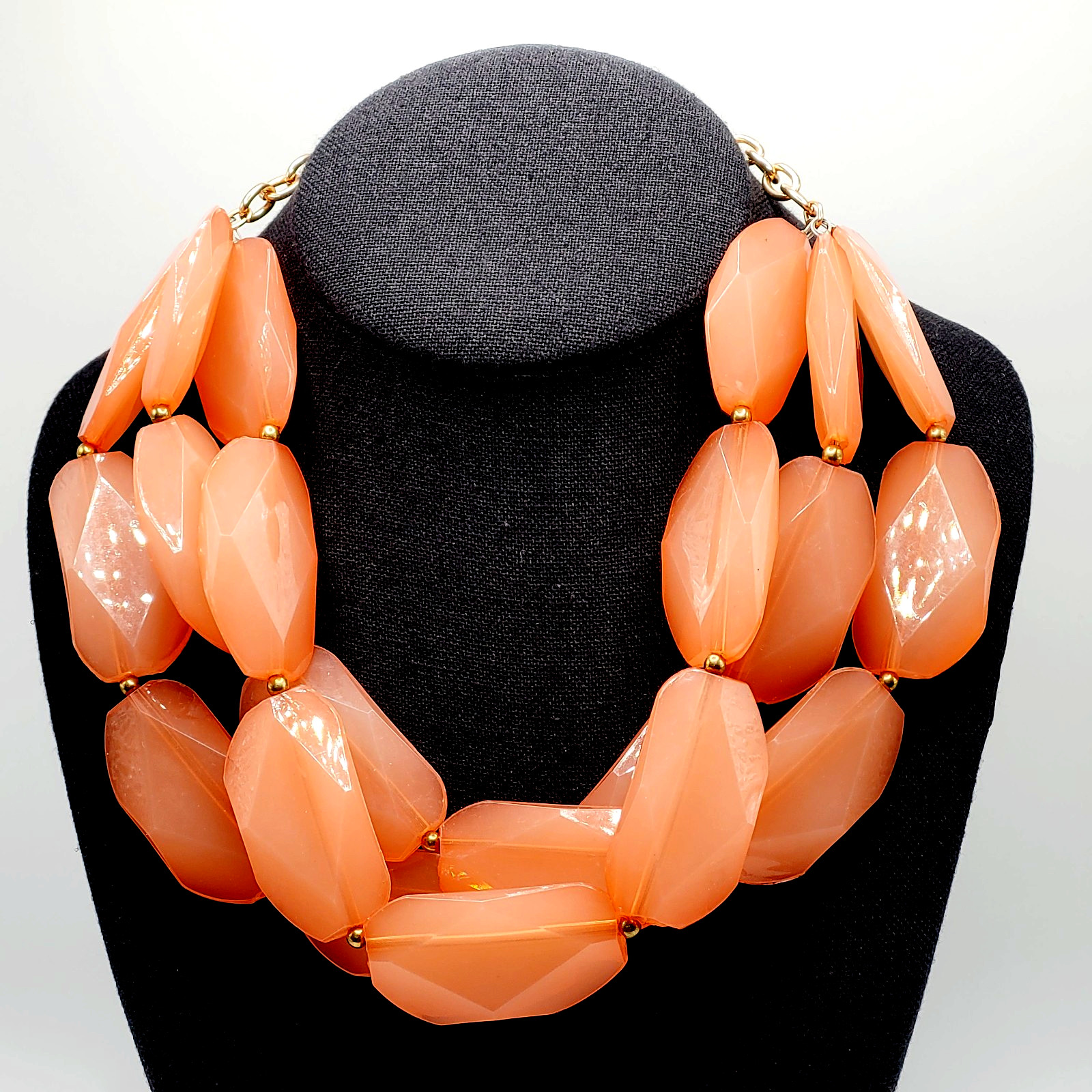 Glamourous Melon Peach Orange Shade Lucite Triple Strand Beaded Necklace 21 Inch