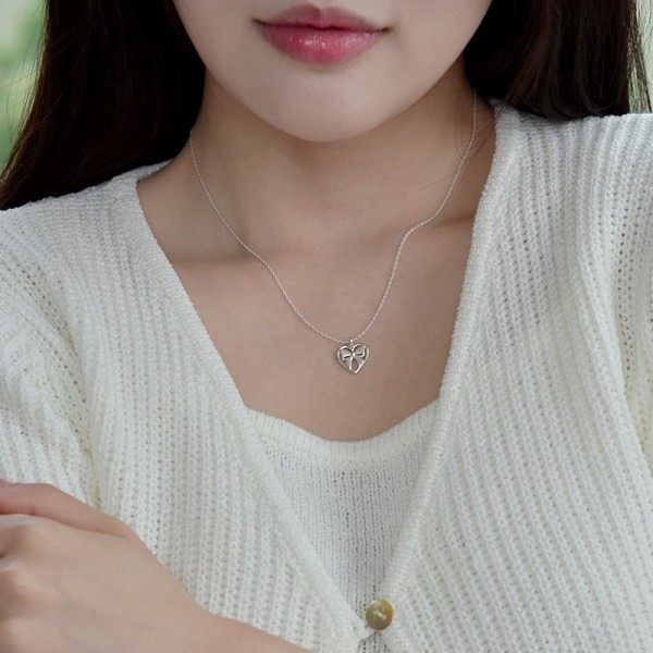 925 Sterling Silver Heart Bow Pendant Necklace Korean Jewelry
