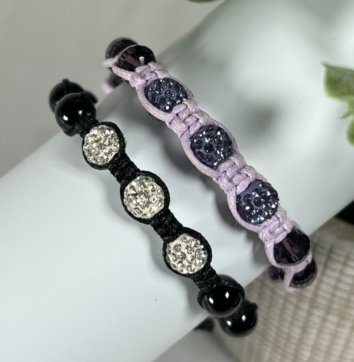 Shamballa Bracelet Set Crystal Pave Beads Macrame Purple & Black Adjustable Pair