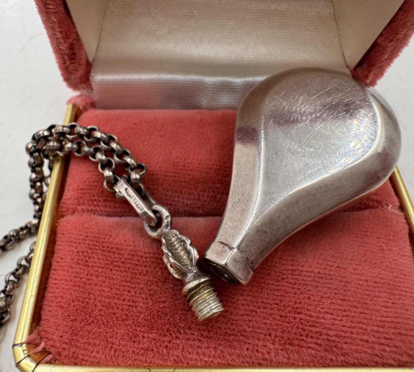 ANTQUE VICTORIAN STERLING SILVER CHATELAINE SIGNED NECKLACE CHAIN FLASK BOTTLE