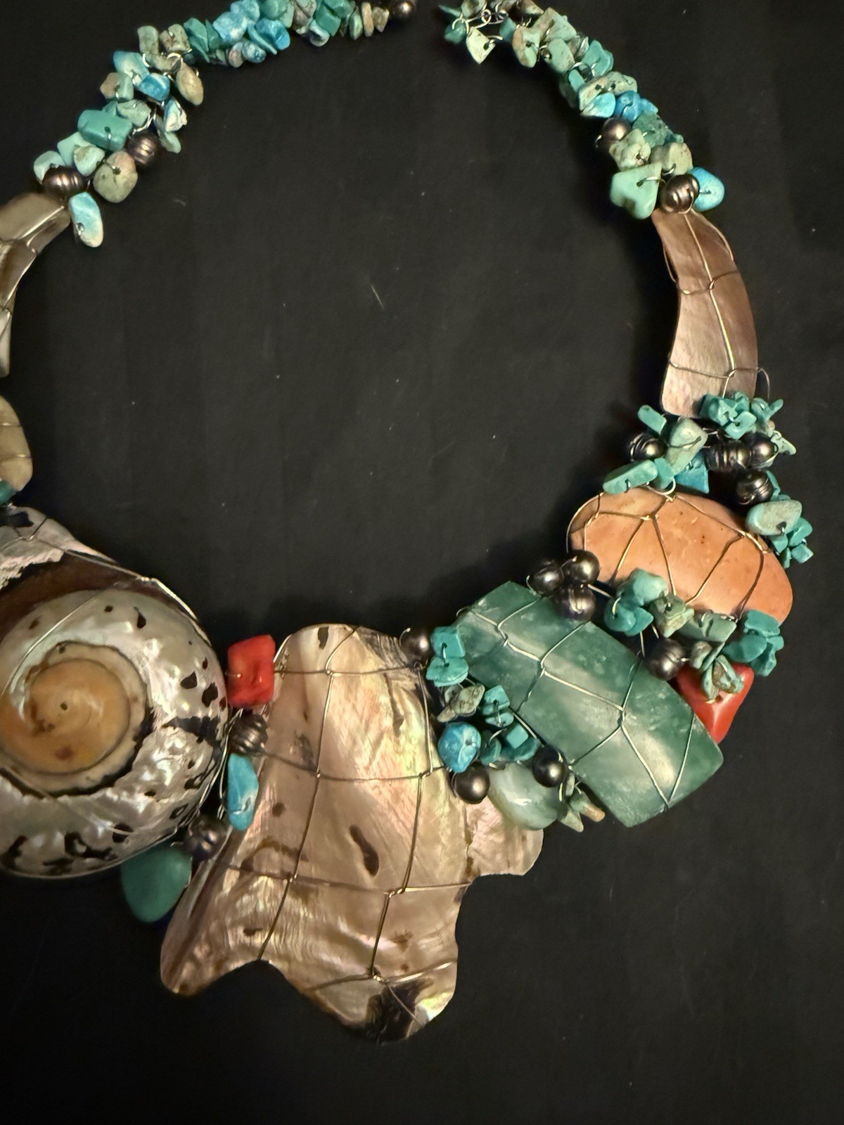 Nautilus Abalone Shell Turquoise & Beads Wire Wrapped Artisan Choker Necklace