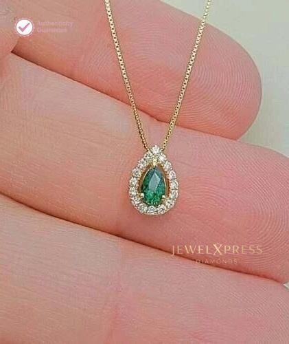 1.20CT Pear Cut Natural Emerald & Diamond Halo Pendant For Wife 14k Yellow Gold