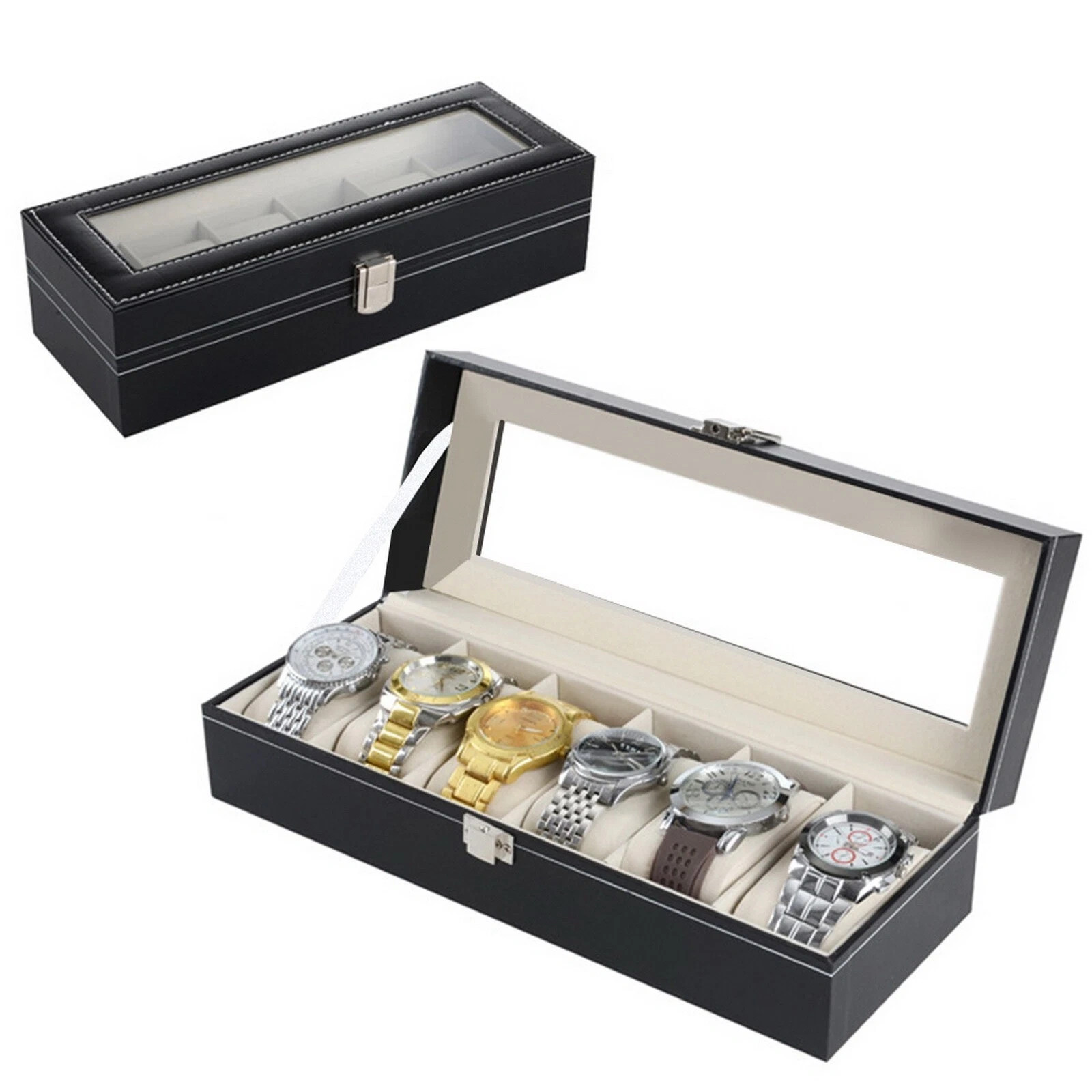 6 Slots Watch Box PU Leather Watch Case Jewelry Storage Watch Display Case Gift