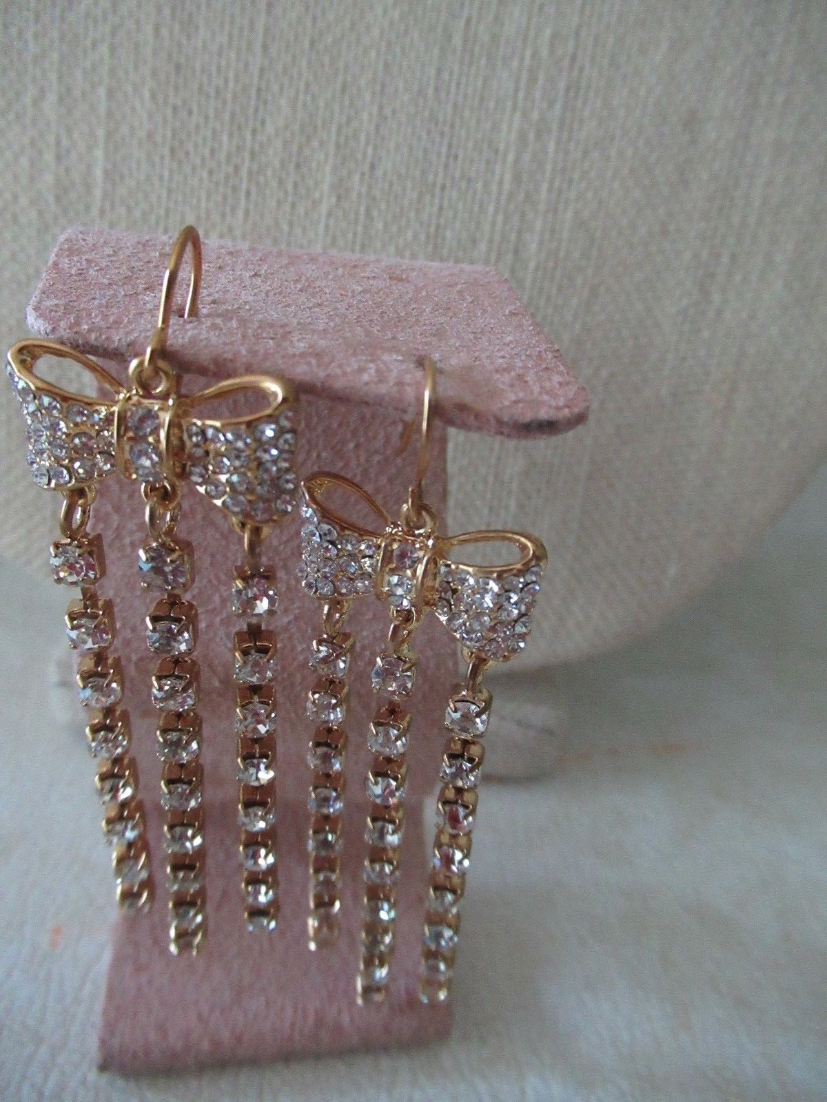 NWT ABS Gold Tone Pave Bow Tie Drop Earrings/ 3 Linear Rhinestone Strands-$55