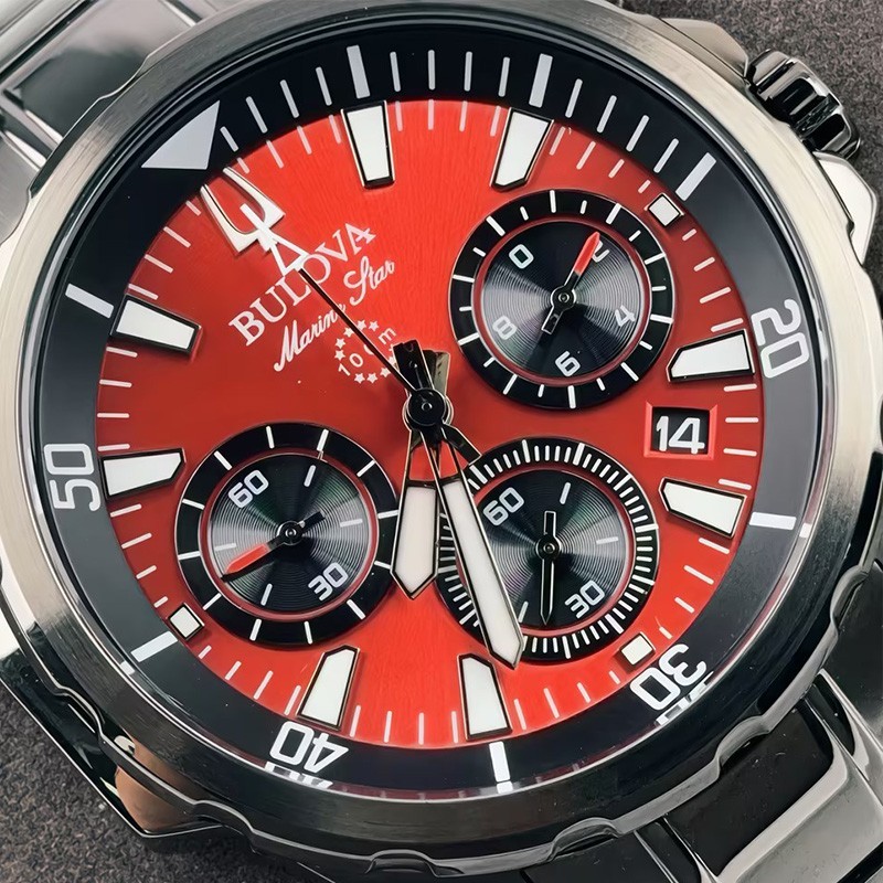 Bulova 98B350 Marine Star Men’s Chronograph Quartz Watch Red Dial Stainless 43mm