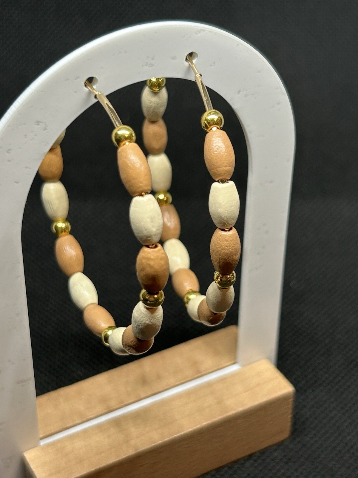 Ivory and Tan with Golden accents Bamboo Wooden Beaded Large Hoop Earrings Beige