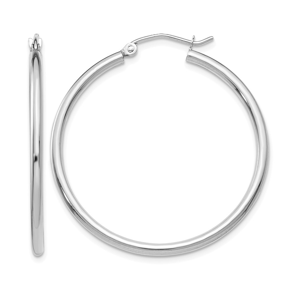 10K White Gold Polished 2mm Lightweight Tube Hoop Earrings L-35 mm, W-36 mm