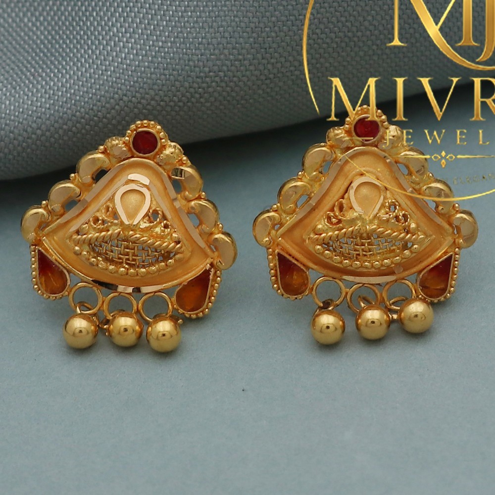 Handmade Bis-916 Stamp Gold Stud Earrings 1.9cm Thanksgiving Gift 2.89g