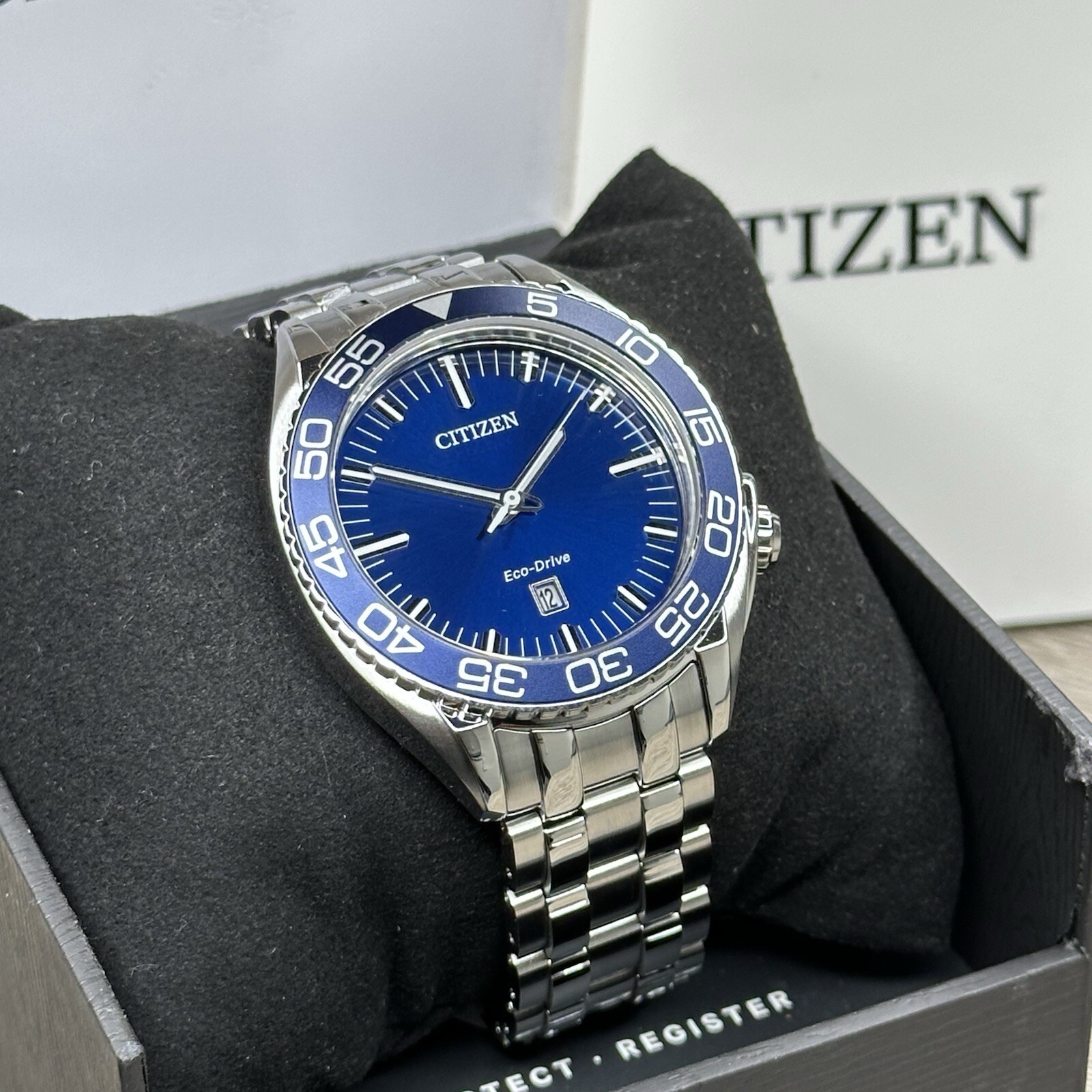 MSRP $525✅Citizen Eco-Drive Carson Silver Steel Blue Date Men’s Watch AW1770-53L