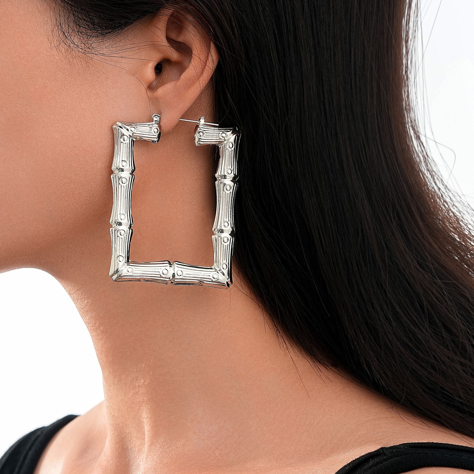 Large Heart Bamboo Hoop Earrings 2Pcs Silver Punk Hip Hop Statement Earrings