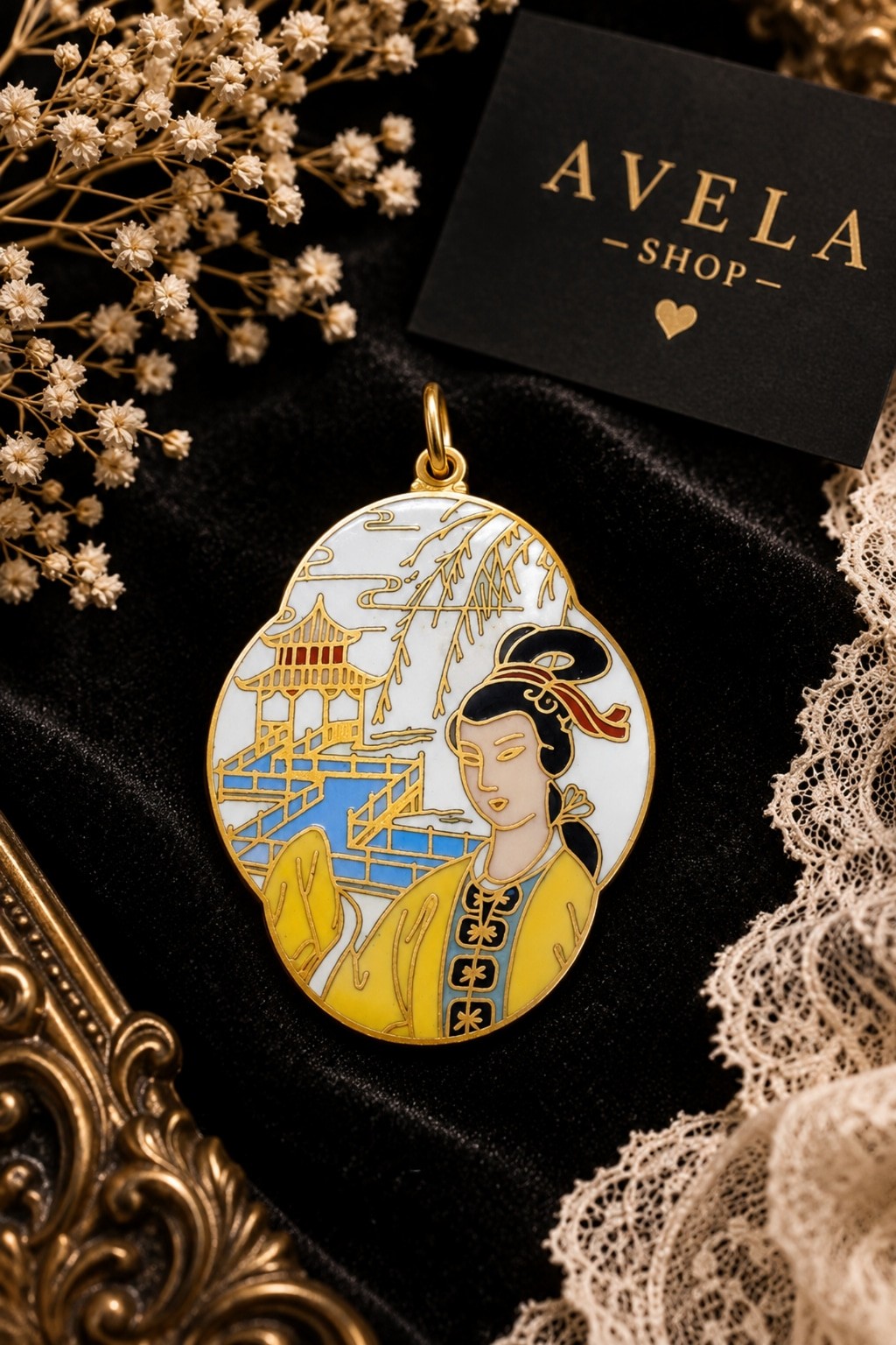 Vintage Cloisonné Enamel Asian Lady Pagoda Scenic Pendant Gold Tone Charm Estate