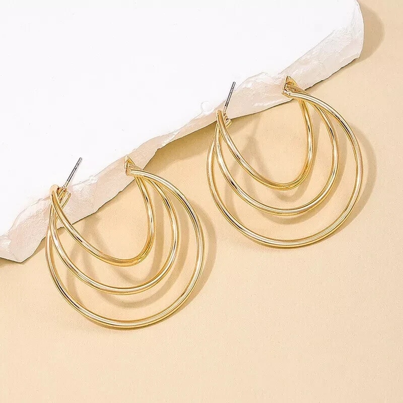 Gold Triple Hoop Earrings Triple Row Metal Hoop Stud Buy One Get Two Free