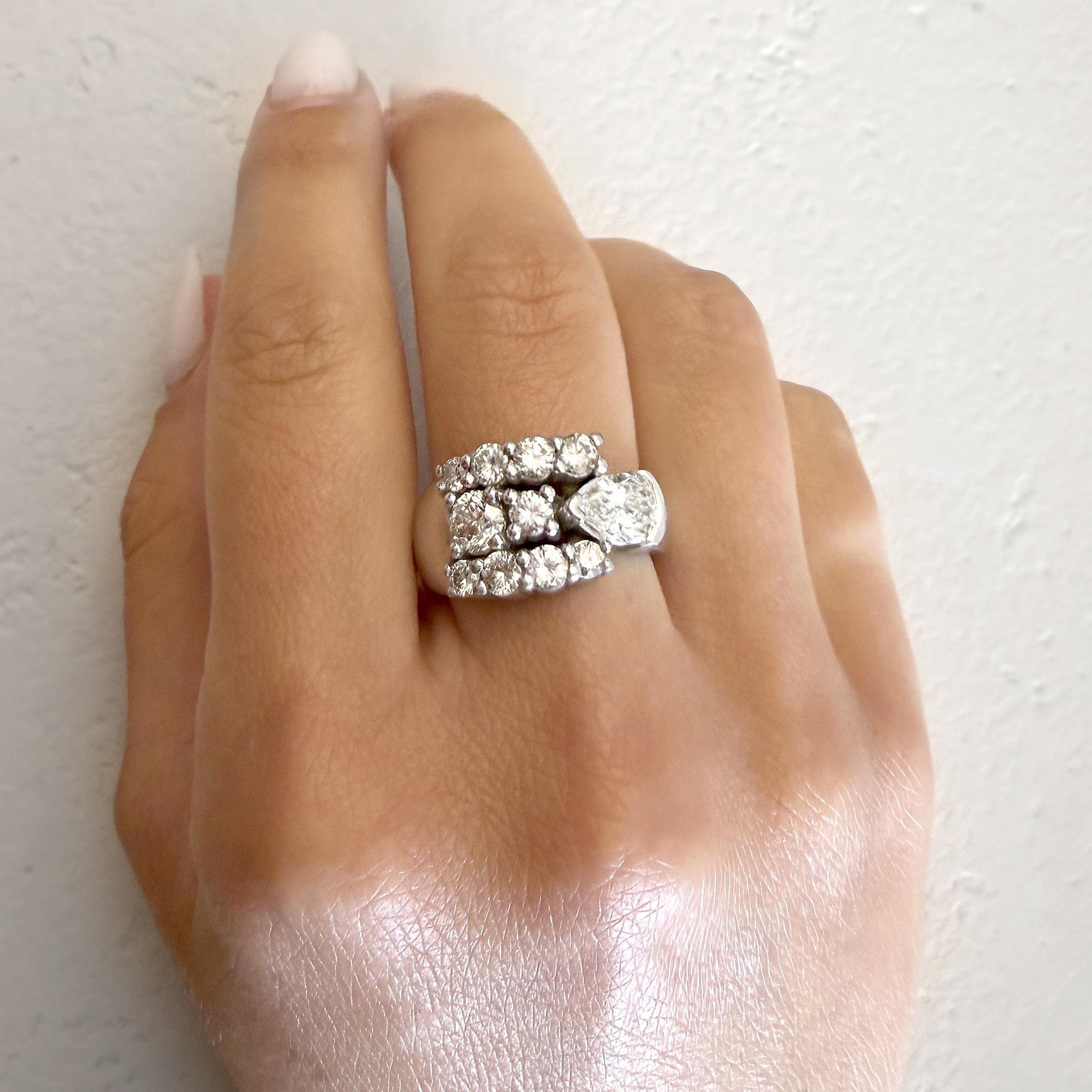 3.75 Carat Pear & Round Diamond 14K White Gold East West Bypass Cluster Ring