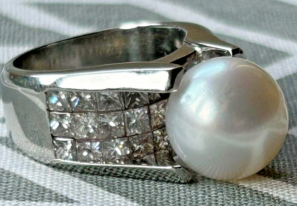 Platinum PT900 Natural south sea white pearl 11.9 mm diamonds ring 22.48 gram