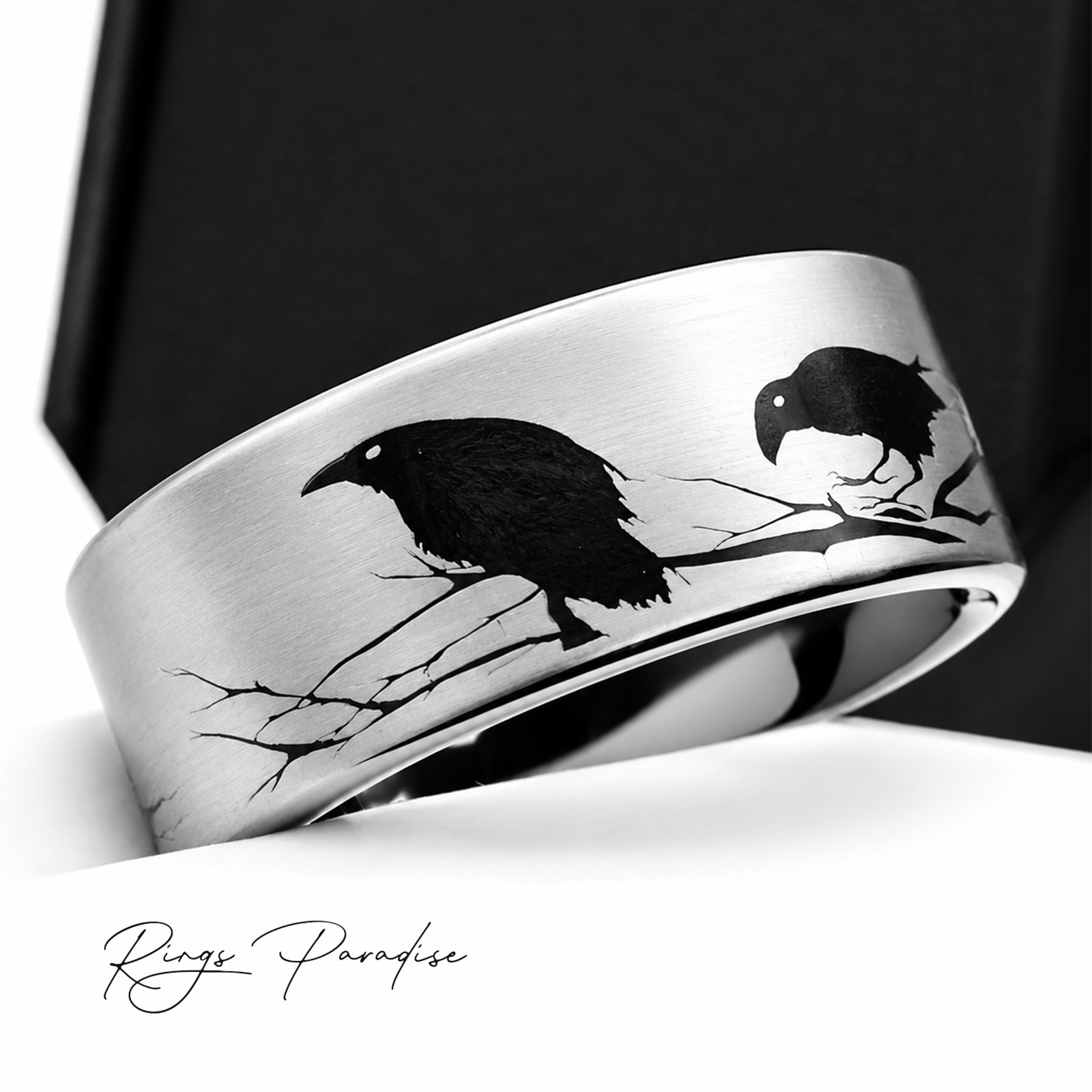 Raven Ring | Black Tungsten Wedding Band With Tree Branch Engraving
