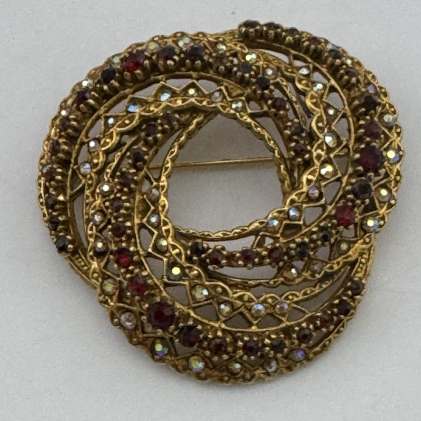 Vintage Signed ART Arthur Pepper Brooch Pin AB Rhinestone Garnet Red Gold Tone