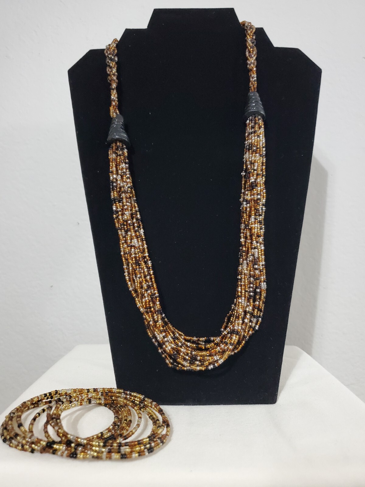 African Handmade Multi Layered Beaded Necklace With Matching Bracelet In Brown