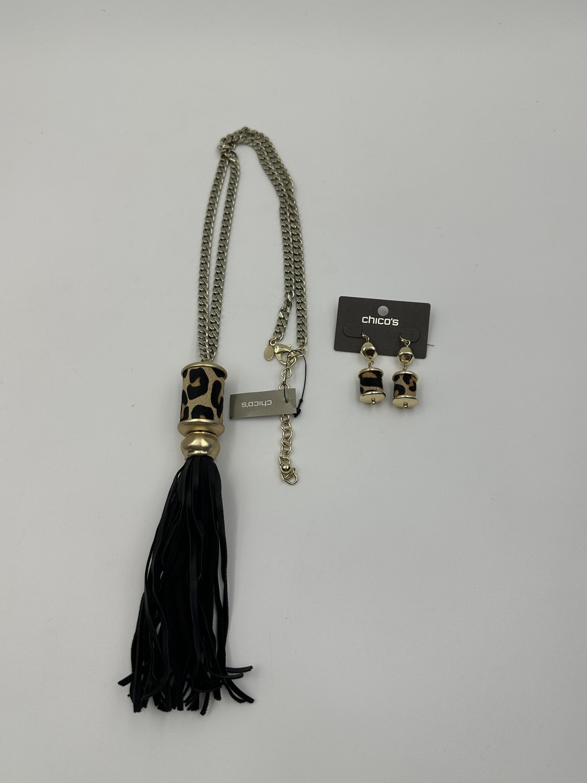 Chico’s Carson Tass Necklace Earrings Set Leopard Tassel Women’s Gold Tone Black