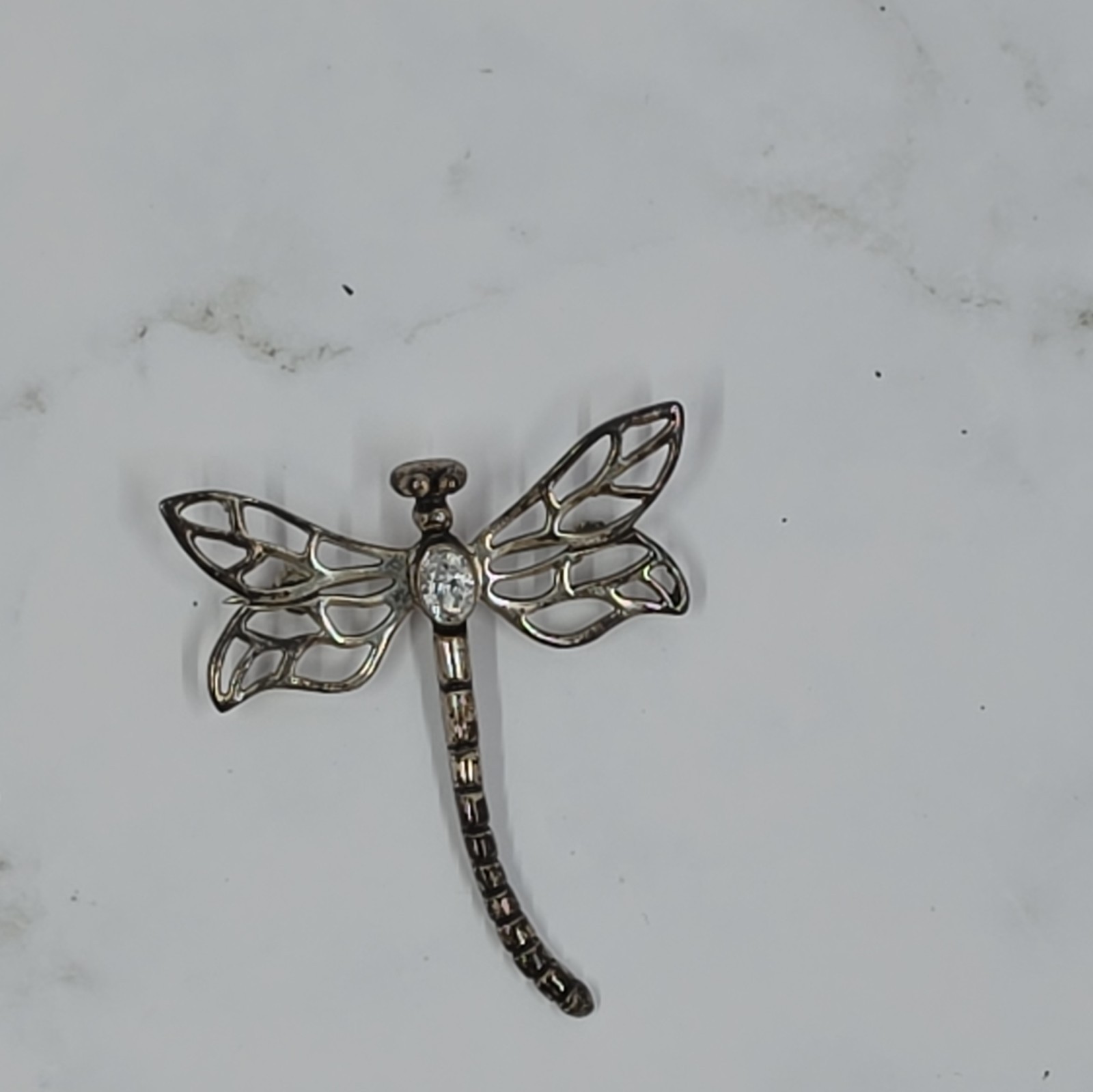 Dragonfly Brooch Pin Silver Tone Metal Clear Oval Rhinestone Center Stone