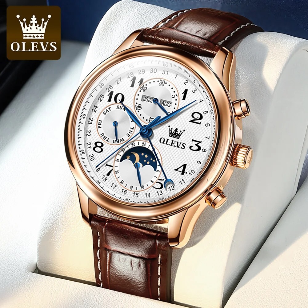 OLEVS Automatic Mechanical Watch Men’s Moon Phase Waterproof Leather Men Strap