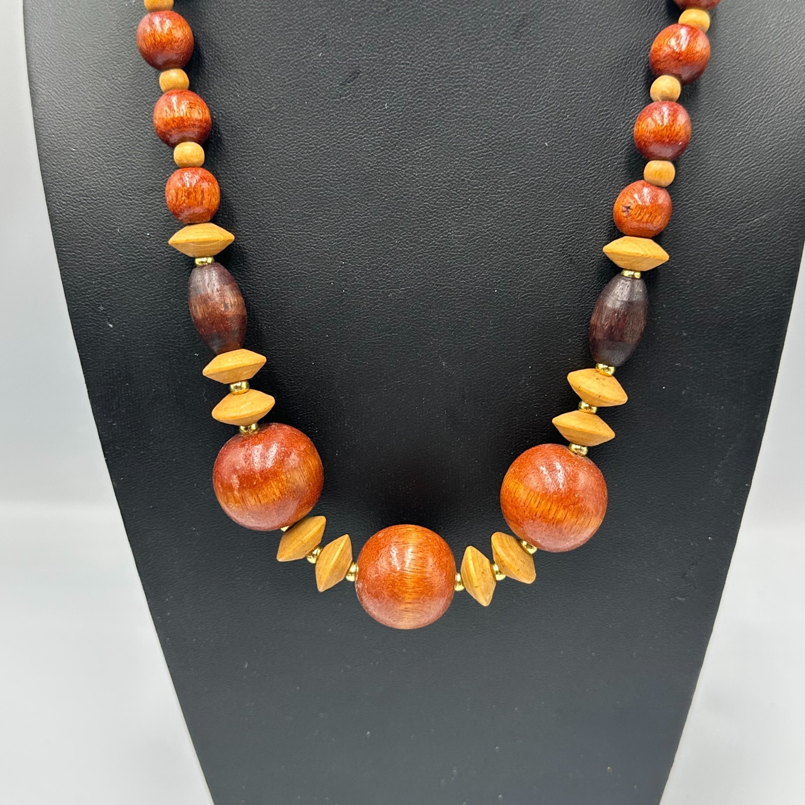 Vintage Wood Bead Necklace Brown Tan Graduated Round Barrel Beads 20 Inch
