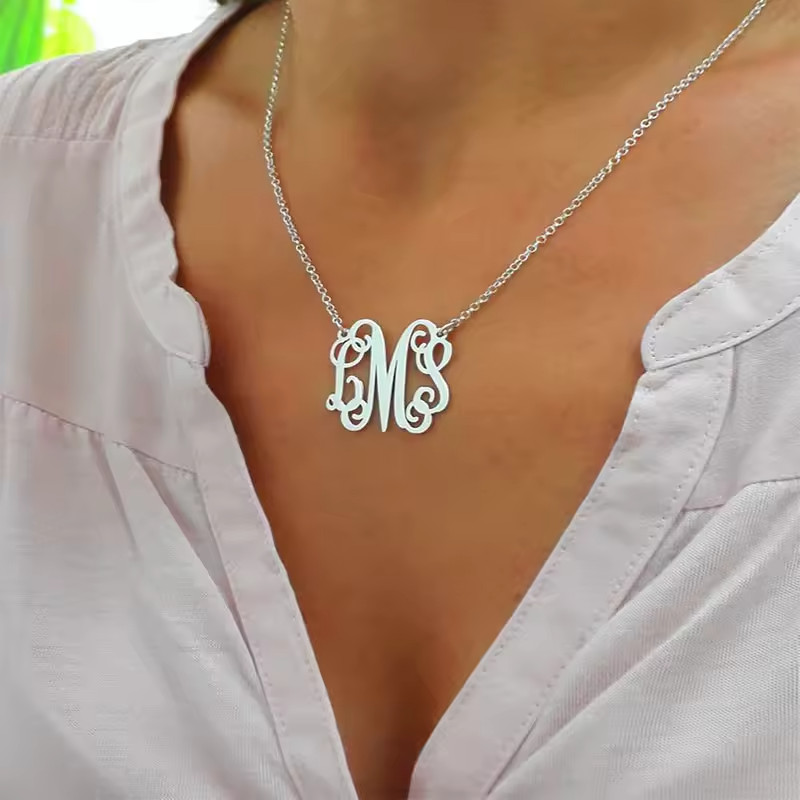 Custom Monogram Necklace Name Initials Pendant Personalized Jewelry Gold Silver