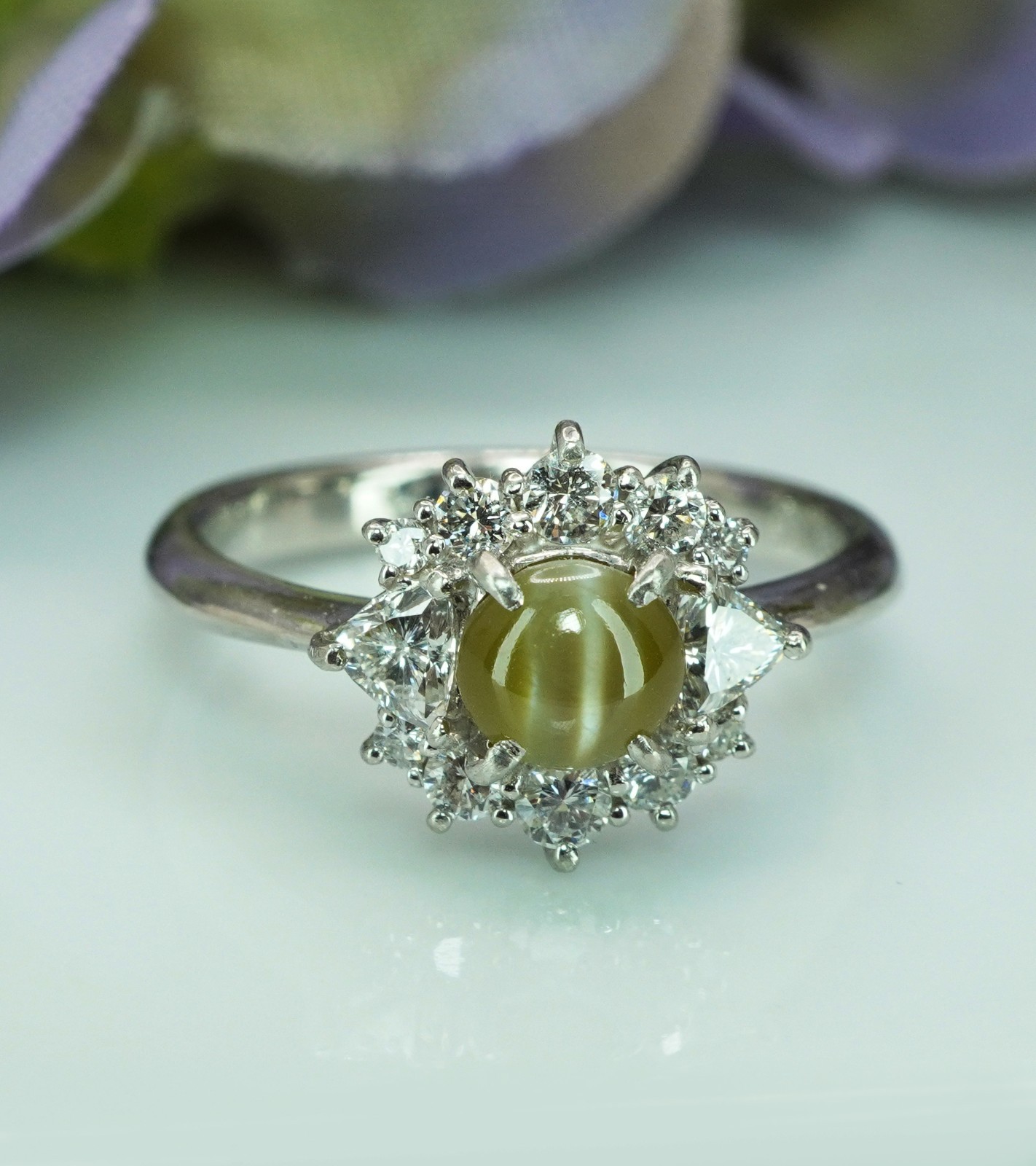 Vintage Chrysoberyl Cats Eye Marquise Round Diamond Platinum Halo Ring Estate