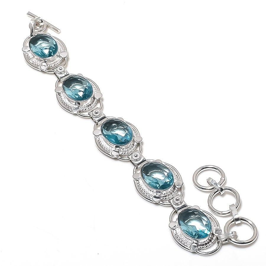 Aqua Aquamarine Gemstone Handmade 925 Sterling Silver Jewelry Bracelet Size 7-8″