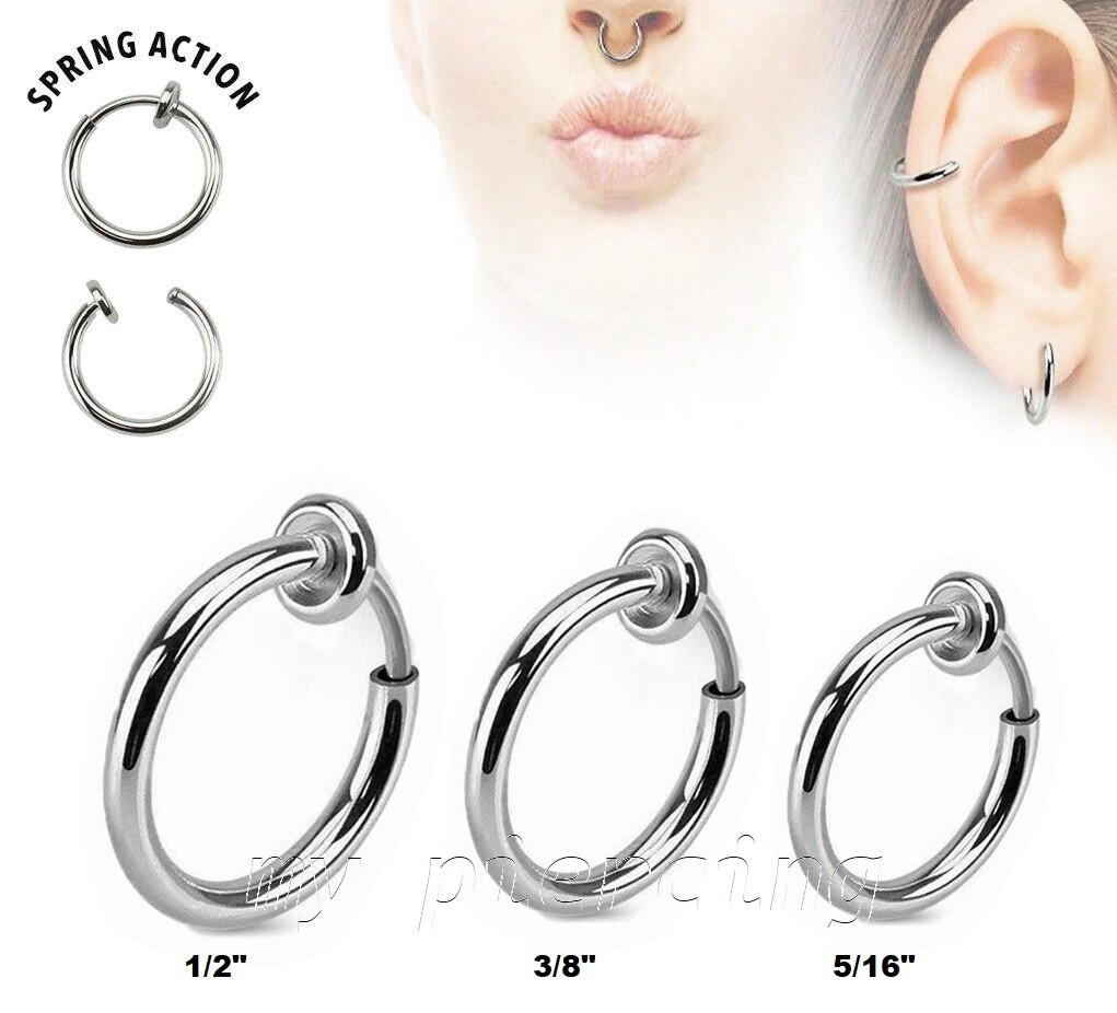 PAIR 16G Non-Piercing Fake Clips-On Hoop Surgical Steel Septum Nose Ring Earring