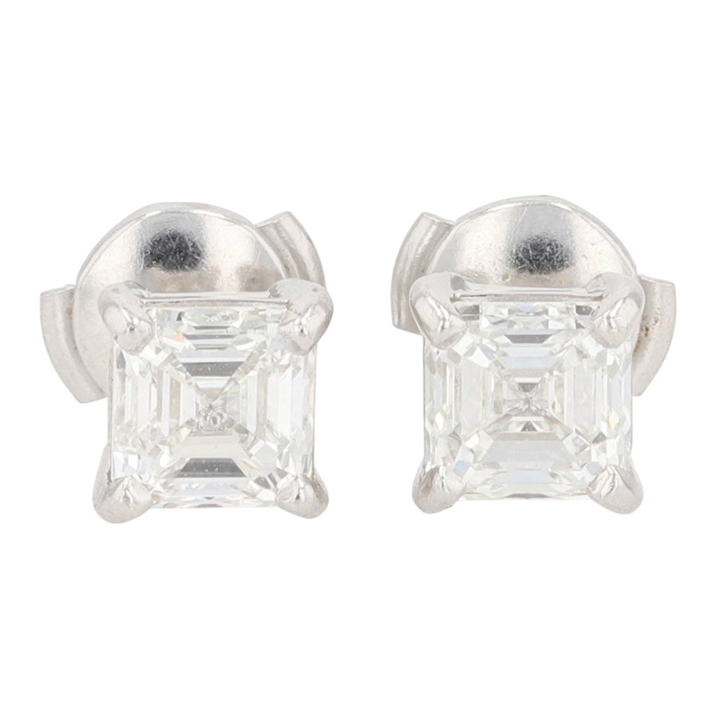 GIA 2.01ctw Asscher Cut Diamond Solitaire Stud Pair Earrings Platinum 3.10 Grams