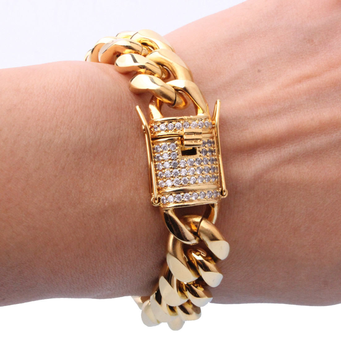 14 mm30in Men Cuban Miami Link Bracelet Chain Set 14k Gold Plated StainlessSteel