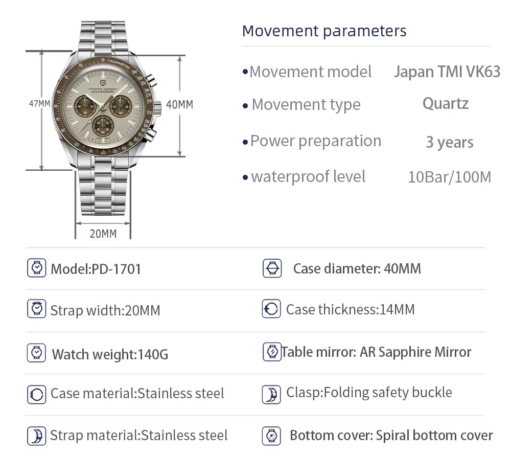 Pagani Design 1701 42mm Moon Chronograph Lumin AR Sapphire Blue Bezel Seiko VH63