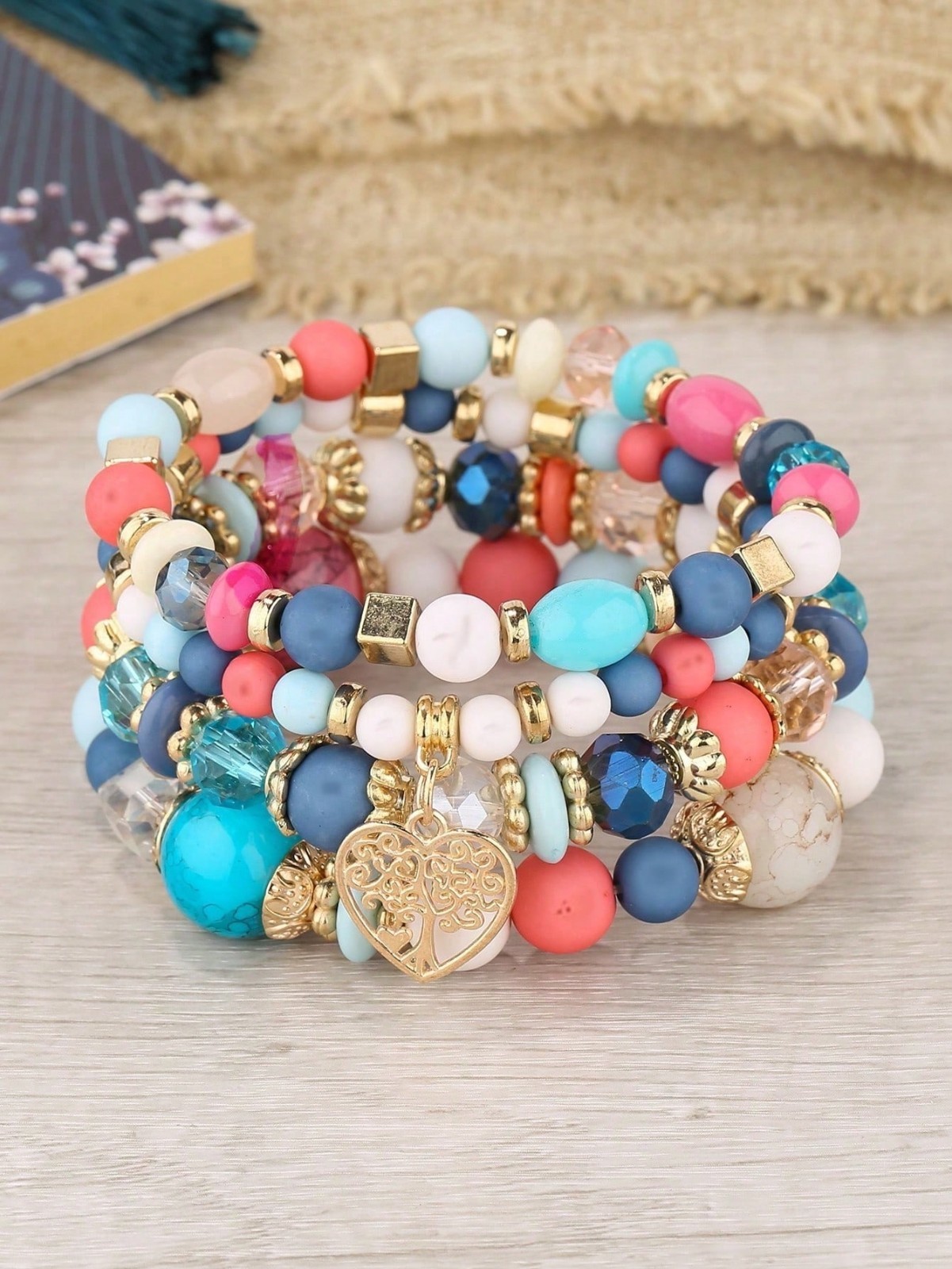 4Pcs/Set Boho Multilayer Crystal Bangle Beaded Bracelet Women Jewellery Gift New