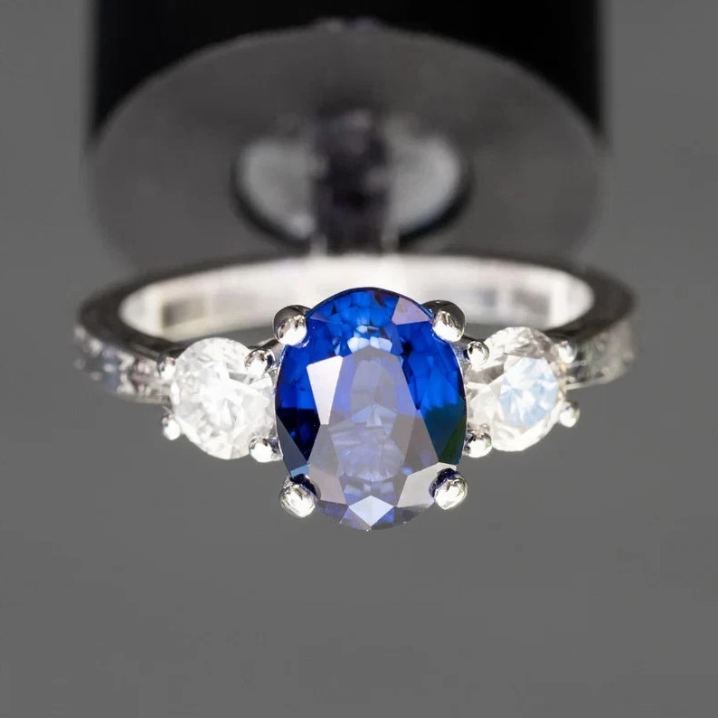 2.80 Ct Oval Natural Sapphire & Diamond Wedding Ring Sterling Silver