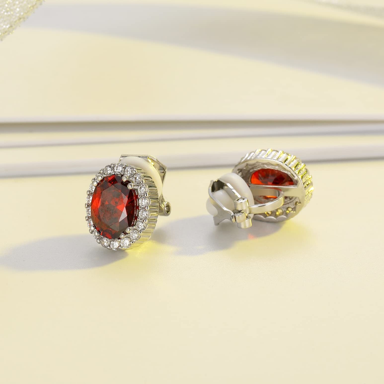 Red Zircon Oval Clip on Stud Earrings Non Pierced Stone Silver Tone