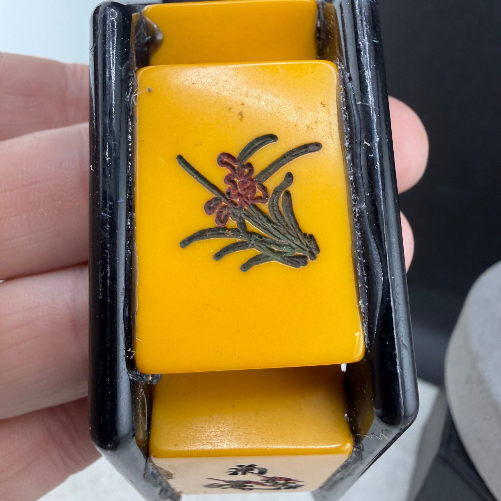 Vintage Mahjong Tile Bracelet Butterscotch Black Chinese Character Bangle