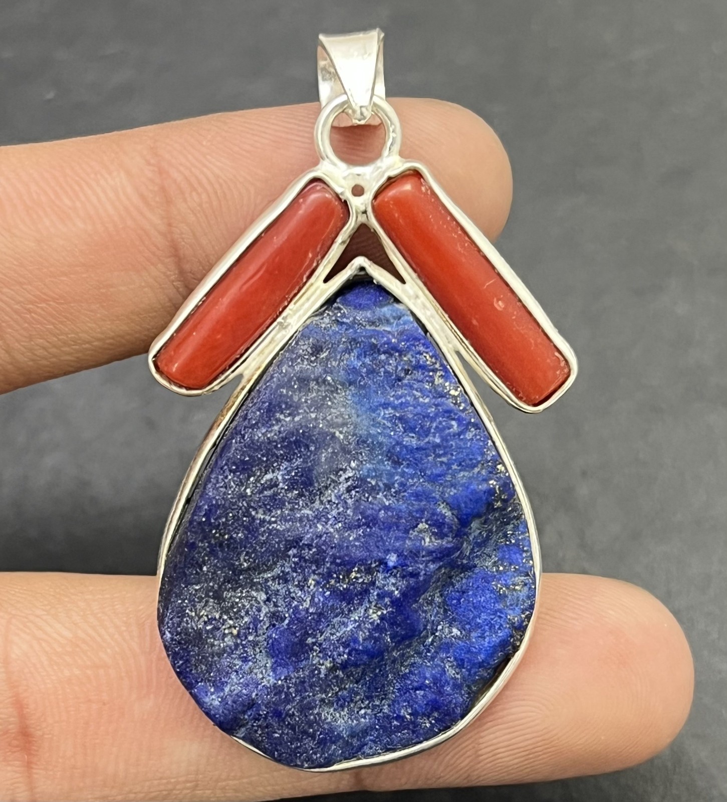 Natural Lapis Lazuli Raw Coral Pendant 925 Sterling Silver Boho Handmade Jewelry