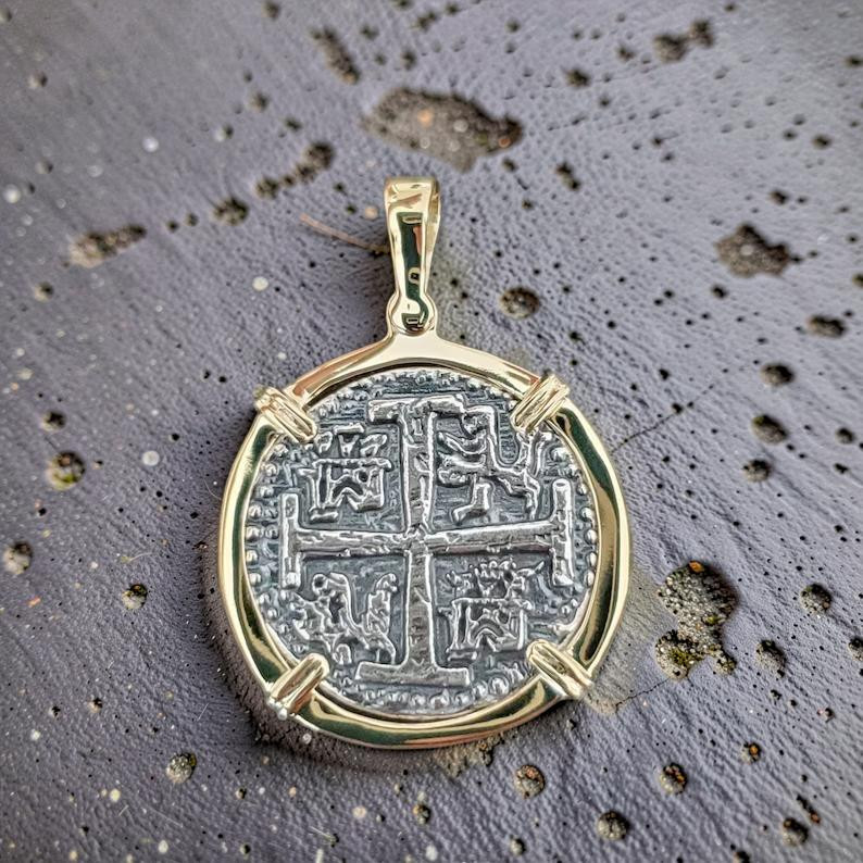 Atocha Shipwreck Silver Coin Pendant Solid 14k Gold Frame Museum Quality