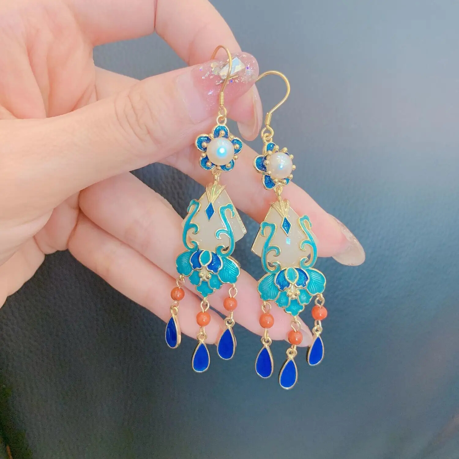 Gold Plated Cloisonne Natural Jade Palace Antiquity Temperament Tassel Earrings