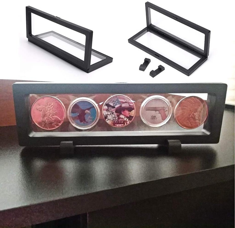 3Pcs 3D Floating Display Coins Case Black Stand Holder 9″×3.54″×0.75″ Frame B577