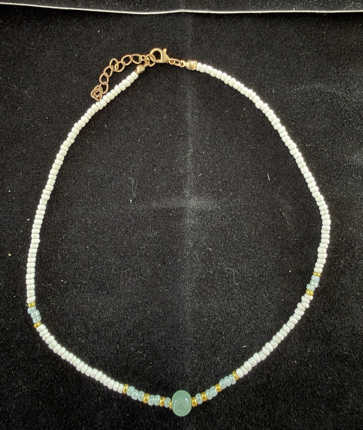 White Beaded Ball Chain Necklace Green Round Center Bead Gold Tone, Adjustable